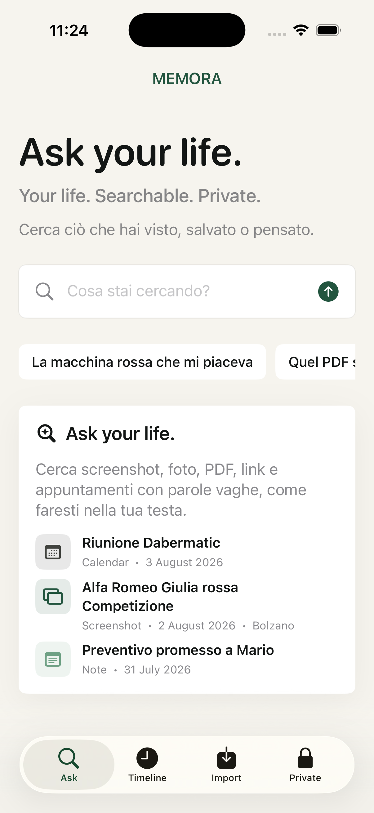 MEMORA app screen showing Ask your life
